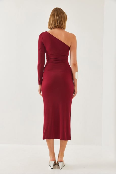 Asymmetrisches Kragen Rüschendes Midi-Kleid - Image 3