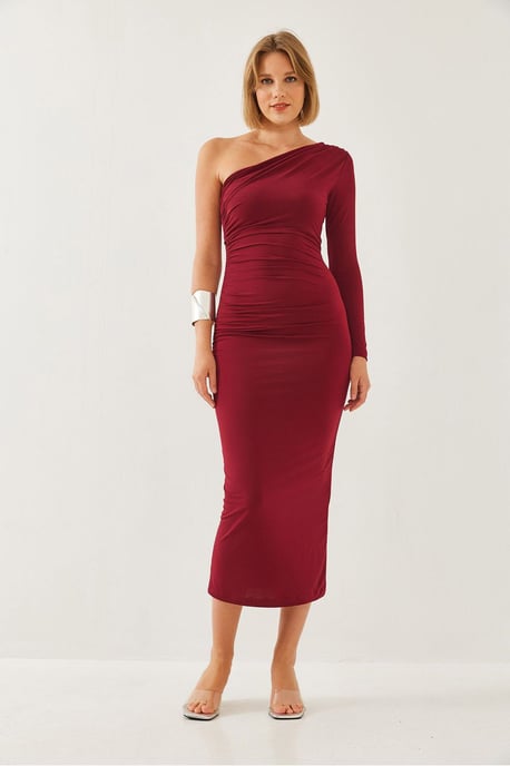 Asymmetrisches Kragen Rüschendes Midi-Kleid - Image 4