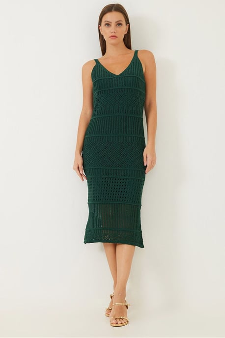 Strukturiertes V-Ausschnitt Midi Strickkleid - Image 1