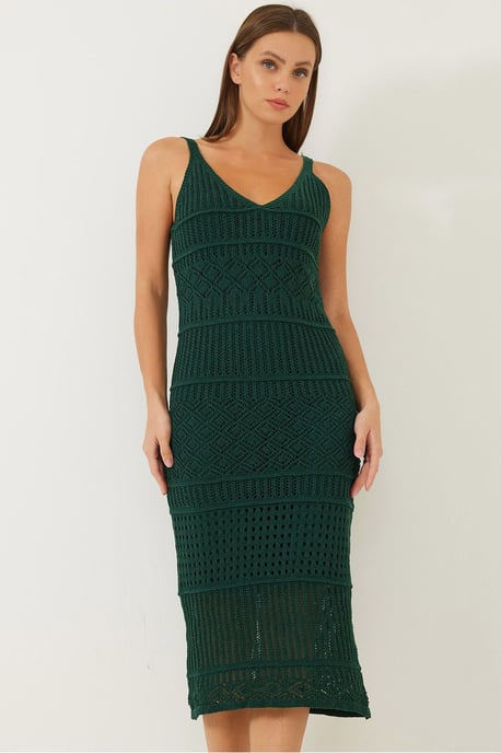 Strukturiertes V-Ausschnitt Midi Strickkleid - Image 4