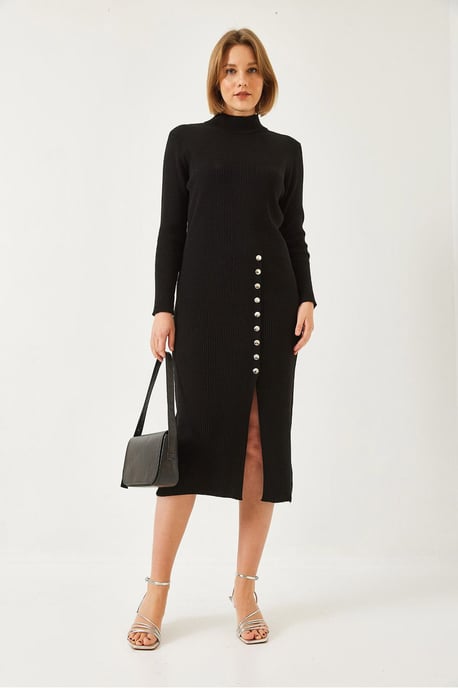 Rippstrickstrukturierter Rollkragen-Midi-Strickkleid - Image 3