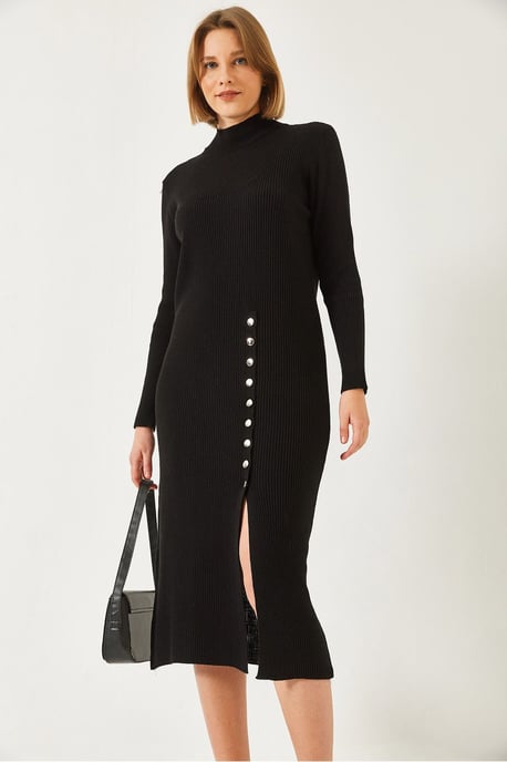Rippstrickstrukturierter Rollkragen-Midi-Strickkleid - Image 4
