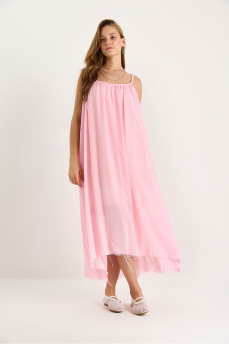 Einfarbiges Midikleid aus Musselin mit Spaghettiträgern und transparenter Saumkante - Image 2