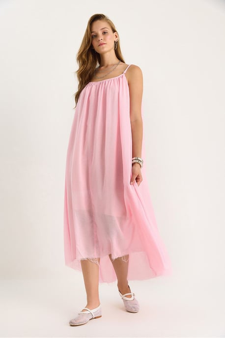 Einfarbiges Midikleid aus Musselin mit Spaghettiträgern und transparenter Saumkante - Image 3