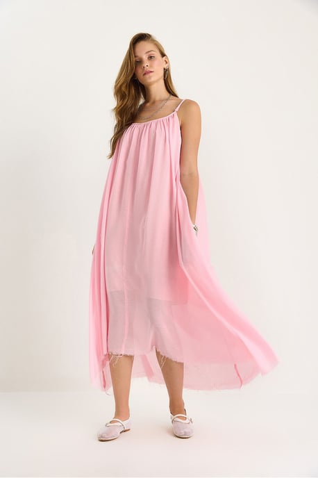 Einfarbiges Midikleid aus Musselin mit Spaghettiträgern und transparenter Saumkante - Image 4