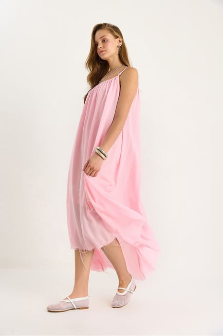 Einfarbiges Midikleid aus Musselin mit Spaghettiträgern und transparenter Saumkante - Image 5