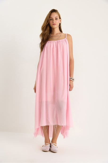 Einfarbiges Midikleid aus Musselin mit Spaghettiträgern und transparenter Saumkante - Image 6