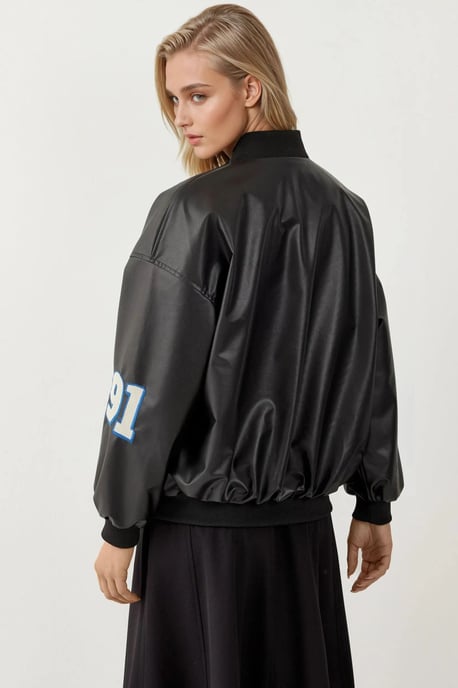 Faux-Leder Oversized Bomberjacke mit Patch-Details - Image 2