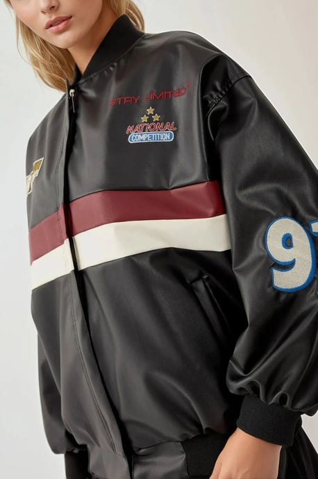 Faux-Leder Oversized Bomberjacke mit Patch-Details - Image 3