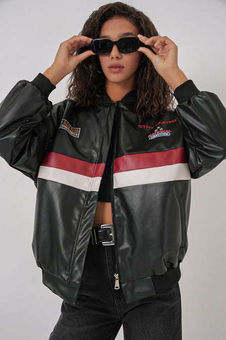 Faux-Leder Oversized Bomberjacke mit Patch-Details - Image 5