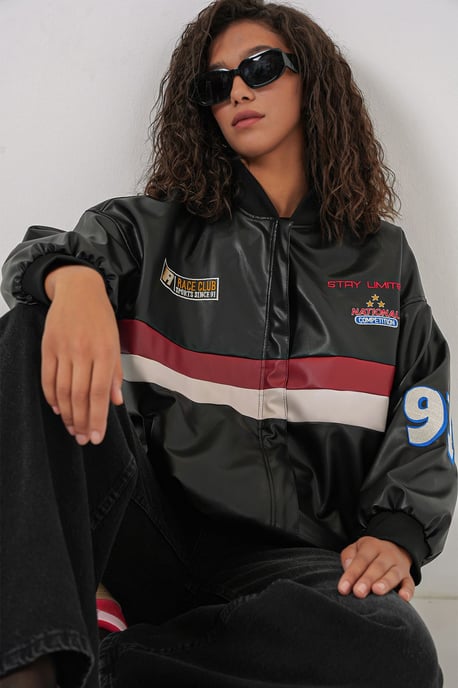 Faux-Leder Oversized Bomberjacke mit Patch-Details - Image 6