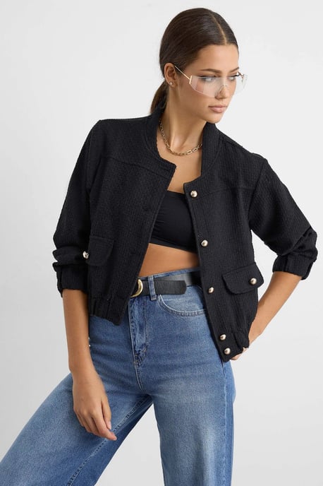 Tweed Rundhalsjacke mit Taschendetail - Image 1