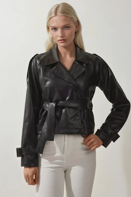 Figurbetonte Doppelreiher-Faux-Lederjacke mit Schleife - Image 1