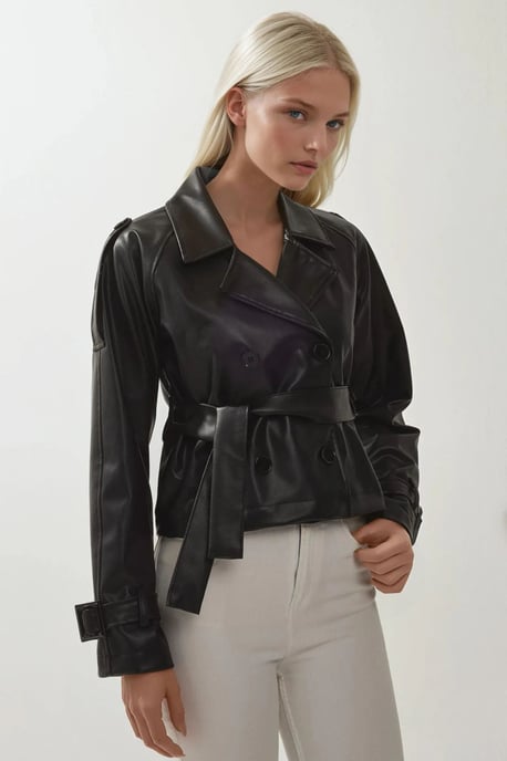 Figurbetonte Doppelreiher-Faux-Lederjacke mit Schleife - Image 2