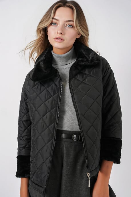 Texturierte Puffjacke mit Schal-Kragen und Kunstfell - Image 2