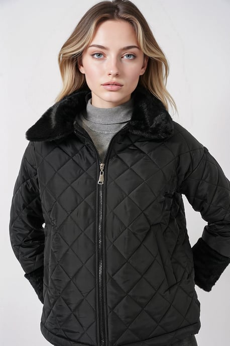 Texturierte Puffjacke mit Schal-Kragen und Kunstfell - Image 3