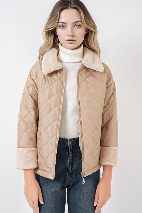 Texturierte Schalkragen-Puffjacke mit Kunstfell - Image 2
