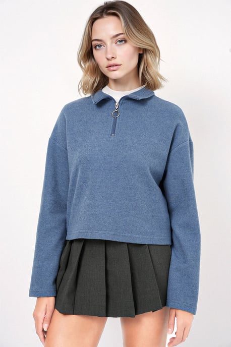 Lockerer Fit Crop-Pullover mit Reißverschlusskragen - Image 1