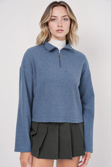 Lockerer Fit Crop-Pullover mit Reißverschlusskragen - Image 3
