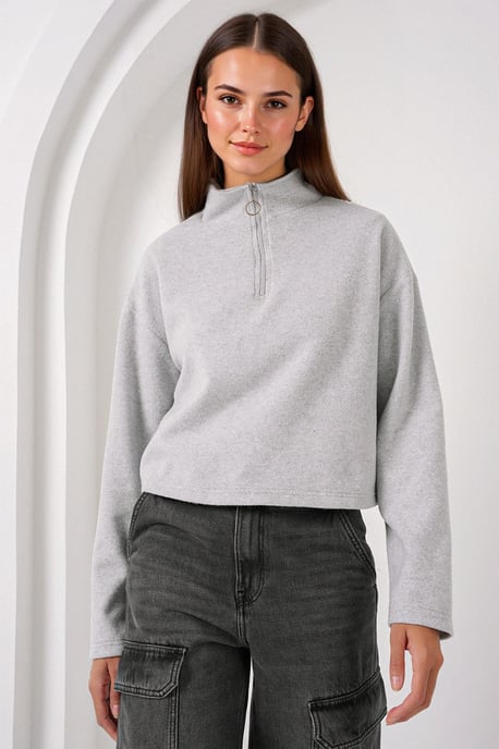 Lockerer Fit Crop-Pullover mit Reißverschlusskragen - Image 3