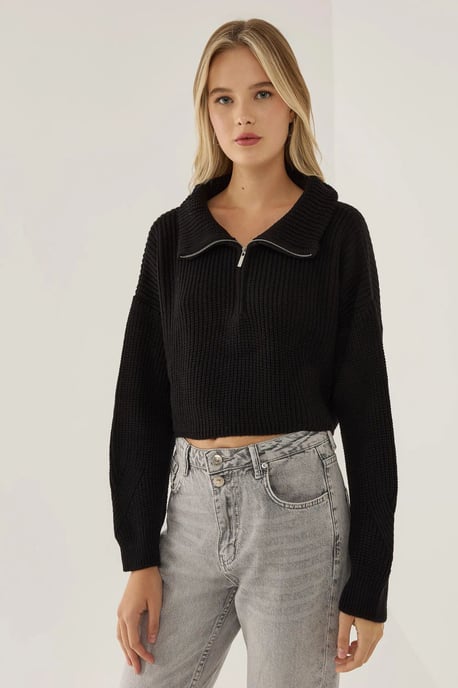 Reißverschluss-Kragen-Croptop-Pullover - Image 2