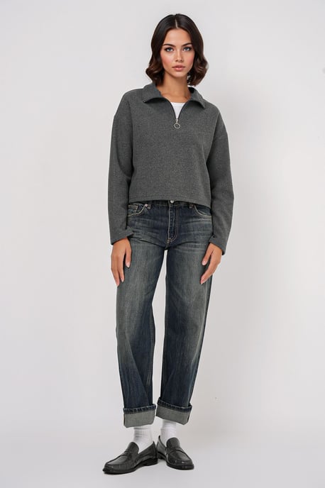Lockerer Fit Crop-Pullover mit Reißverschlusskragen - Image 2