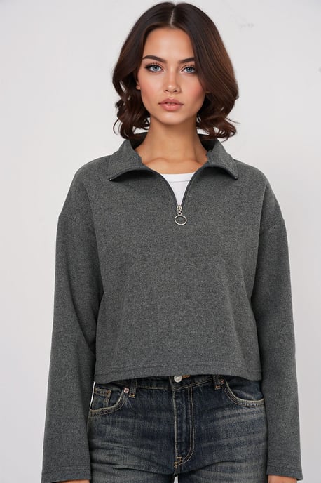 Lockerer Fit Crop-Pullover mit Reißverschlusskragen - Image 4