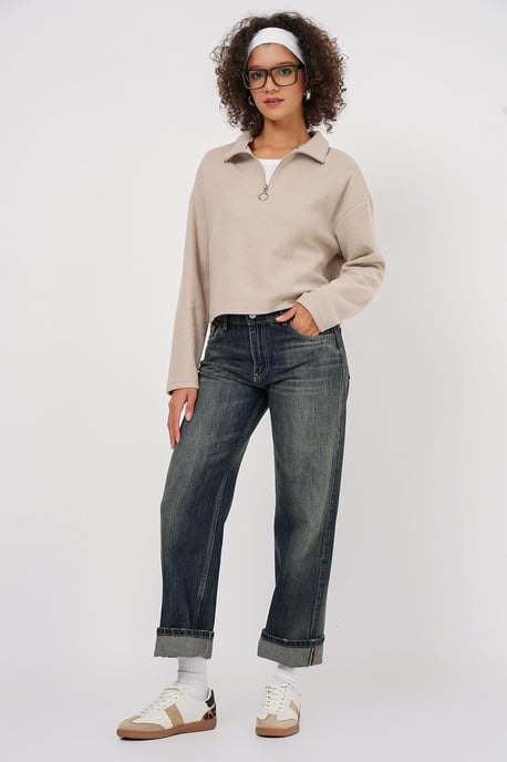 Lockerer Fit Crop-Pullover mit Reißverschlusskragen - Image 2