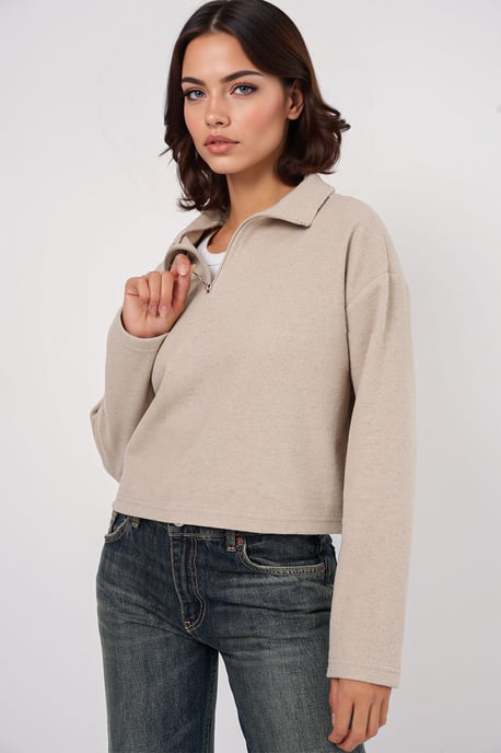 Lockerer Fit Crop-Pullover mit Reißverschlusskragen - Image 3