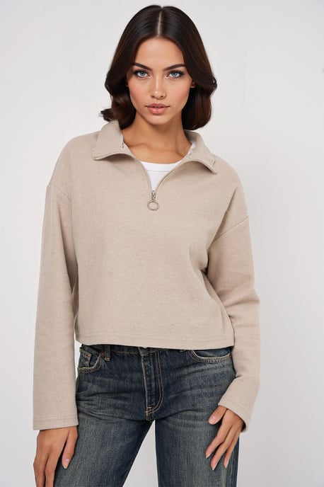 Lockerer Fit Crop-Pullover mit Reißverschlusskragen - Image 4