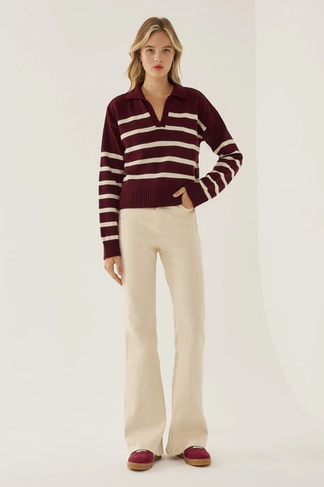 Gestreifter Polo-Kragen Strickpullover - Image 2