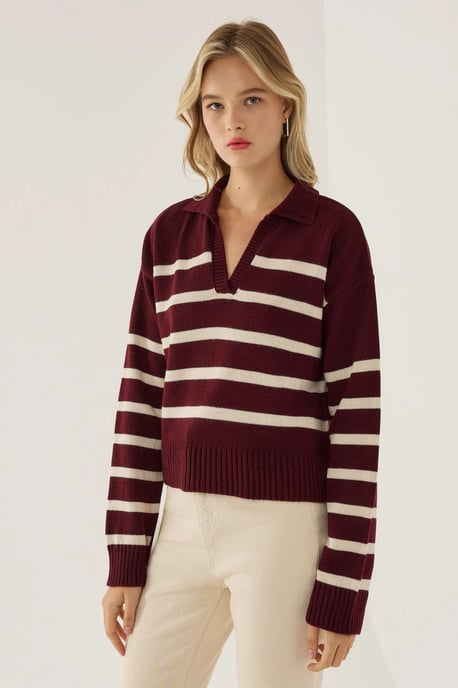 Gestreifter Polo-Kragen Strickpullover - Image 3