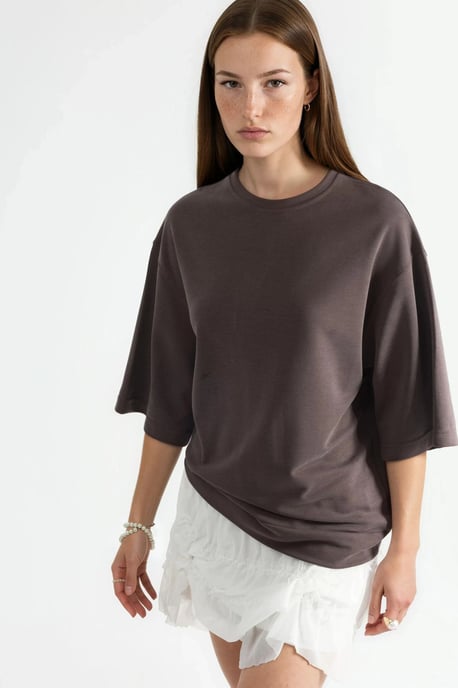 Oversized gerippte Cropped-Bluse mit Rundhalsausschnitt - Image 2