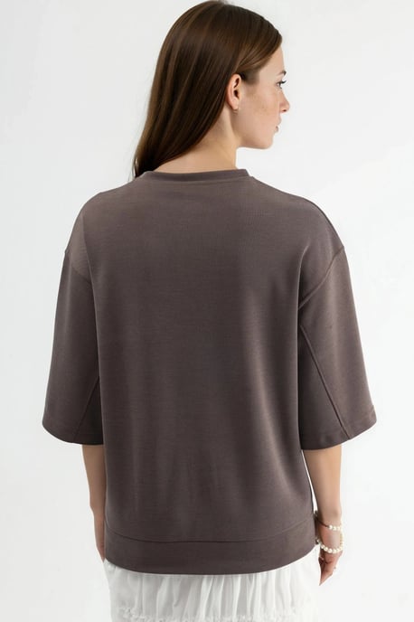Oversized gerippte Cropped-Bluse mit Rundhalsausschnitt - Image 3