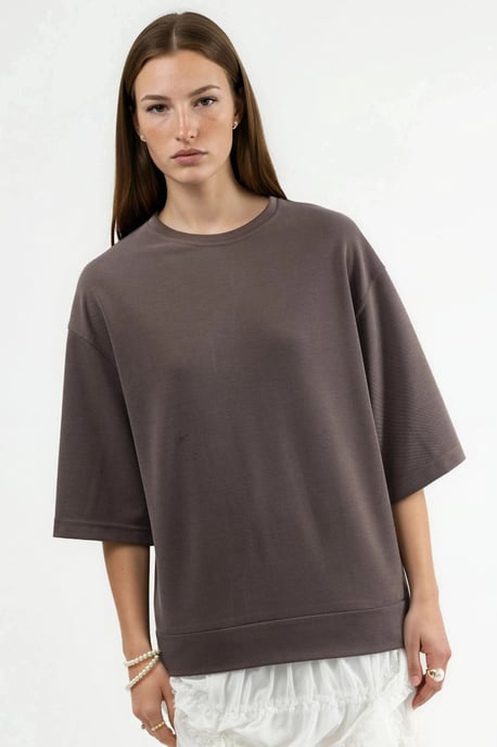 Oversized gerippte Cropped-Bluse mit Rundhalsausschnitt - Image 6