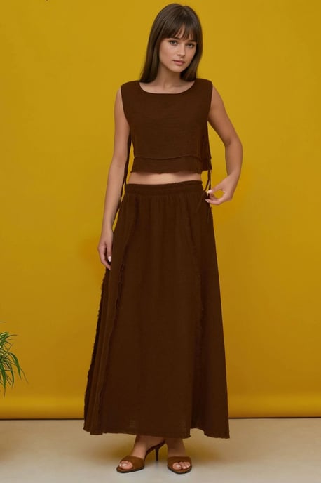 Elastischer Taillenrock mit seitlichem Bindeband-Bluse aus Musselin-Set - Image 3