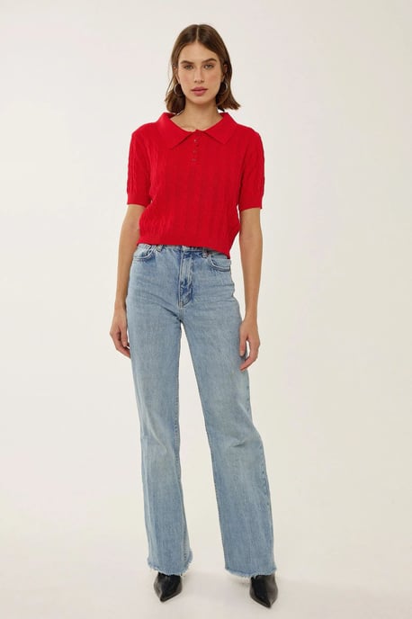 Shirtkragen Strickoberteil mit Haarzopf-Muster - Image 2