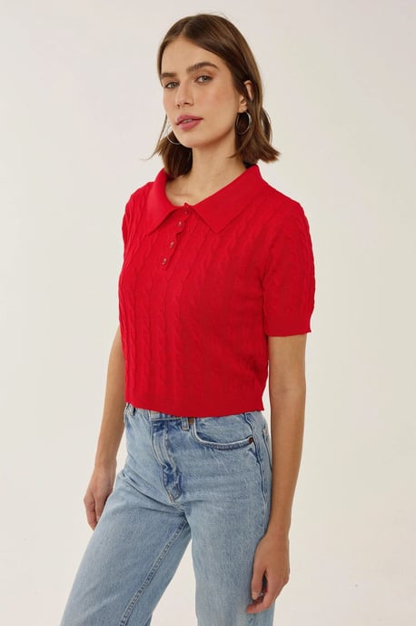 Shirtkragen Strickoberteil mit Haarzopf-Muster - Image 3