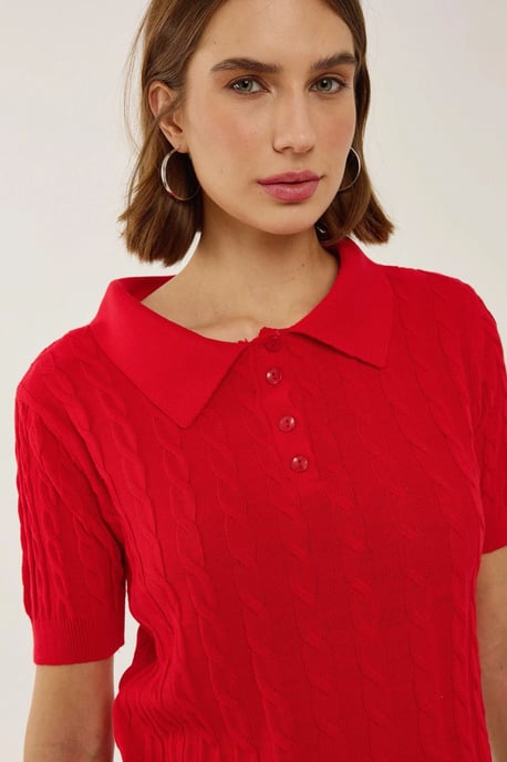 Shirtkragen Strickoberteil mit Haarzopf-Muster - Image 4