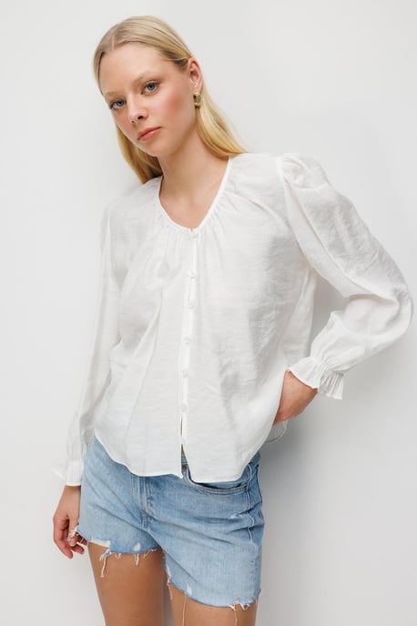 Strukturierte Knopf-Up Rundhalsbluse - Image 1