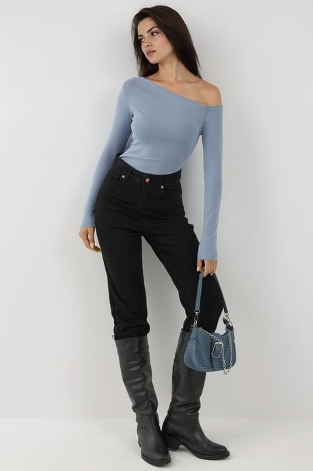 Asymmetrischer Kragen Slim Fit Langarmtop - Image 4