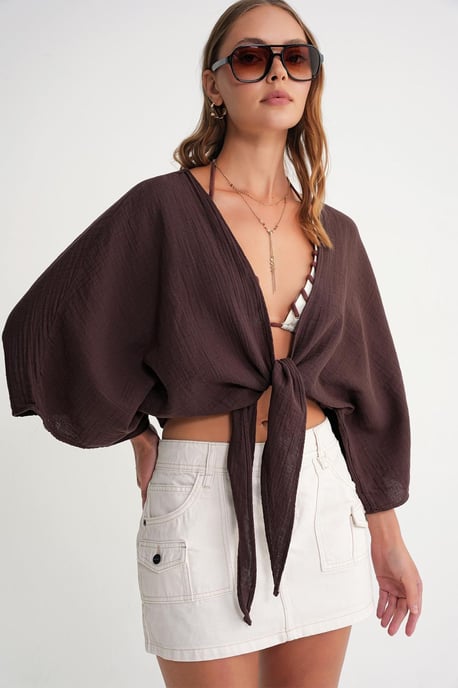 Strukturierte V-Ausschnitt Bolero Bluse - Image 5