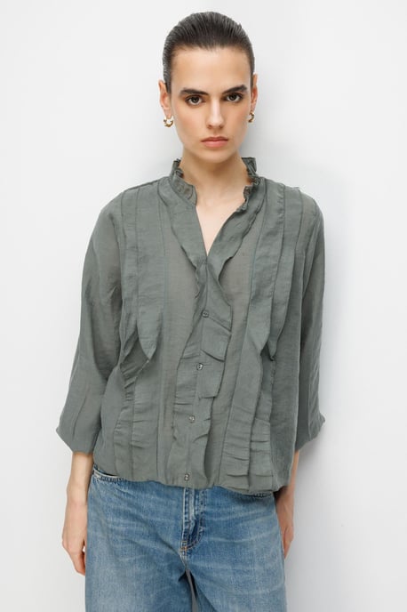 Mixray Rüschenbluse mit Mandarin-Kragen - Khaki - Image 1