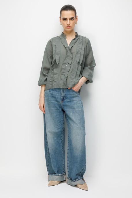 Mixray Rüschenbluse mit Mandarin-Kragen - Khaki - Image 2