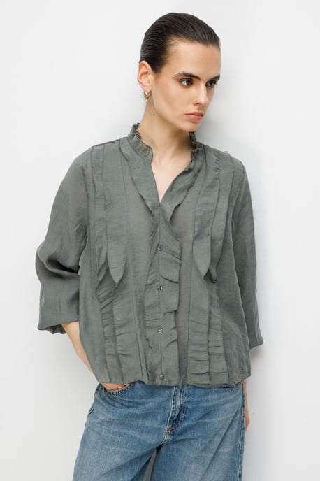 Mixray Rüschenbluse mit Mandarin-Kragen - Khaki - Image 3