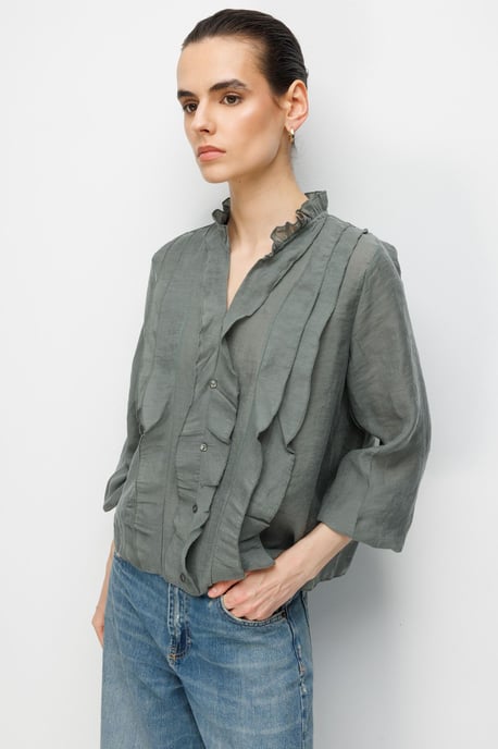 Mixray Rüschenbluse mit Mandarin-Kragen - Khaki - Image 4