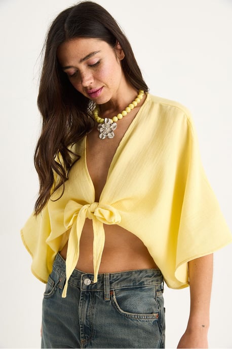 Dreiviertelärmel V-Ausschnitt Crop-Bluse mit Bindungsdetails - Image 1