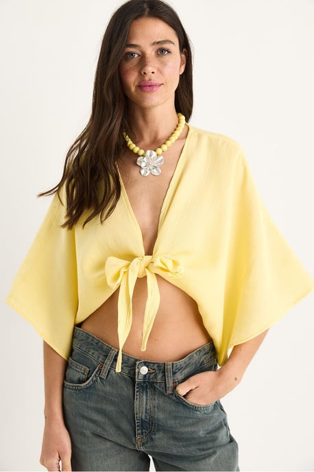 Dreiviertelärmel V-Ausschnitt Crop-Bluse mit Bindungsdetails - Image 2