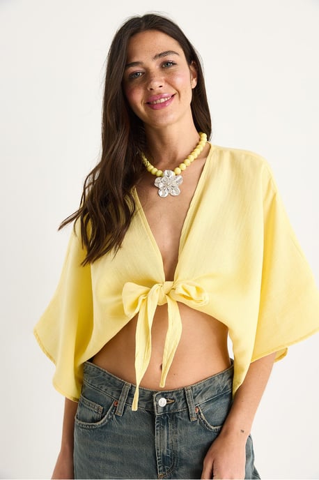 Dreiviertelärmel V-Ausschnitt Crop-Bluse mit Bindungsdetails - Image 3