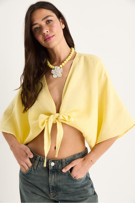 Dreiviertelärmel V-Ausschnitt Crop-Bluse mit Bindungsdetails - Image 4
